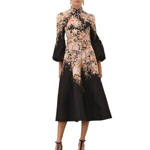 NEW Zimmermann Black Rococo Floral Illustration Buttoned Midi Dress
